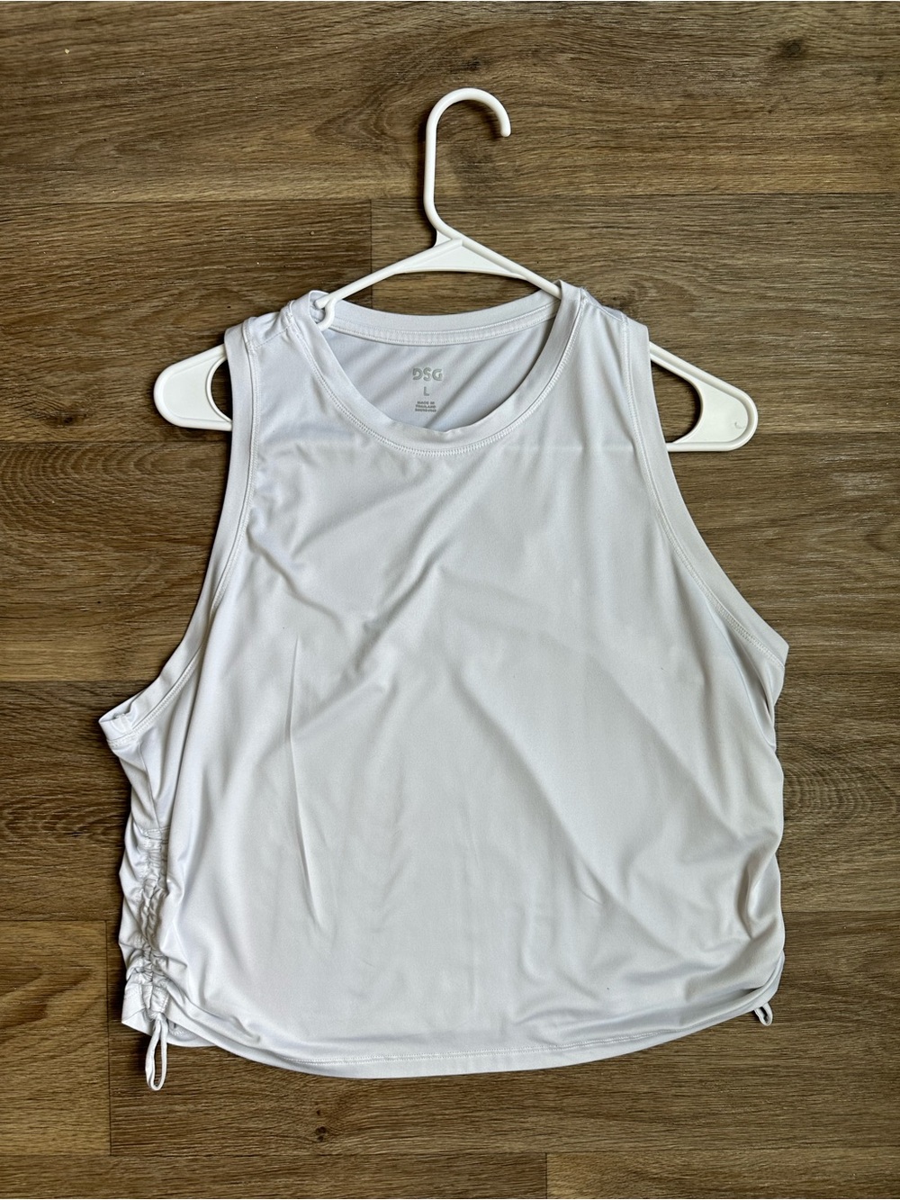 DSG Women’s Sleeveless Activewear Tank Top White Size L Ruched‎ Cinch Drawstring